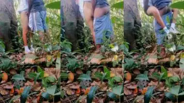 Guy enjoys GF?s pussy under a tree in Indian outdoor sex